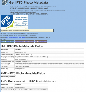 Screenshot of IPTC GetPhotoMetadata Tool showing metadata on image uploaded to Facebook