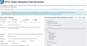 Screenshot of IPTC's Video Metadata Hub generator tool.