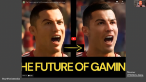 Side by side, a game-rendered and a realistic-looking "deepfake" version of Cristiano Ronaldo. Created by Chris Ume to demonstrate the capabilities of modern generative media models