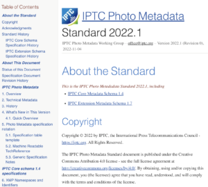 Screenshot of the standard specification for the IPTC Photo Metadata Standard 2022.1 version.