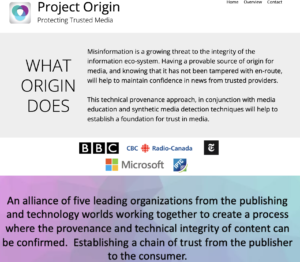 Screenshot of the home page of Project Origin's web site, originproject.info.