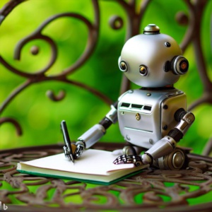 AI-generated image of a cute robot sitting at a garden table sketching on a notepad.