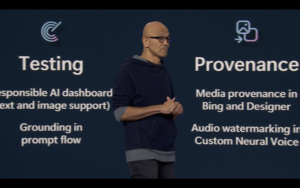 Microsoft CEO Satya Nadella announcing the new provenance features to Microsoft's Generative AI tools at Microsoft's Build conference on 23 May 2023.