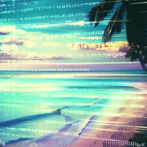 "A photograph of a pleasant beach scene with visible computer code overlaid on the image." Created by DALL-E via Bing Image Creator.