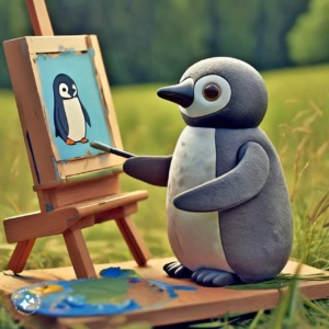 A cute robot penguin painting a picture of itself using a canvas mounted on a a wooden easel, in the countryside. Generated by Imagine with Meta AI
