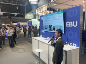 Go Ohtake of NHK in Japan presents their prototype C2PA viewer on a Web TV platform at the EBU stand, IBC 2024.