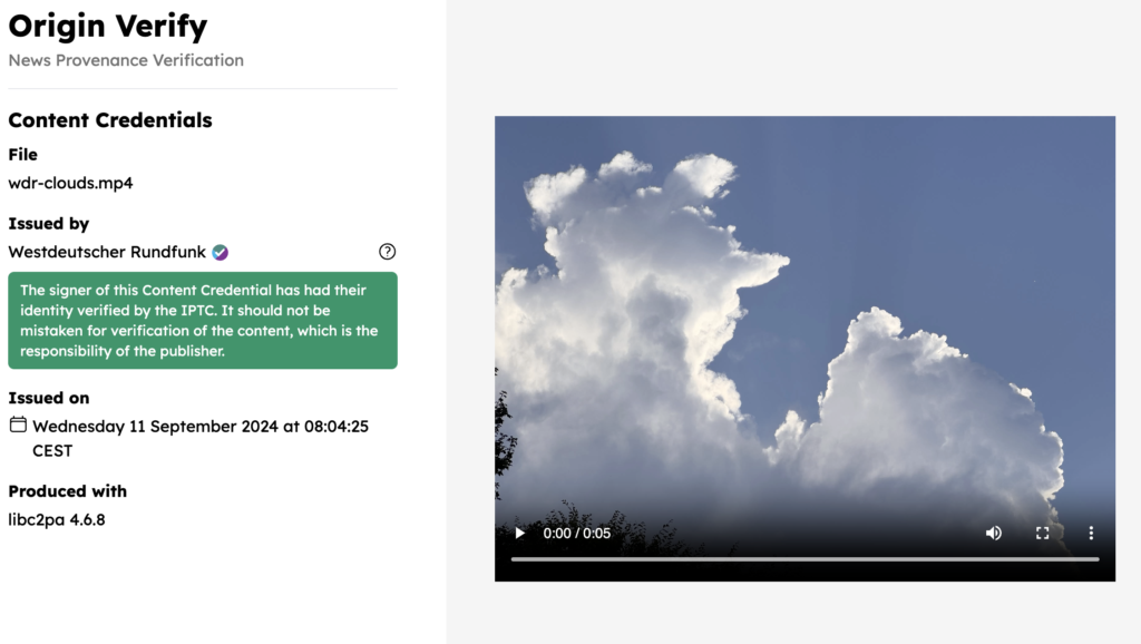Screenshot of the IPTC Origin Verifier tool showing the content sample from German broadcaster WDR.