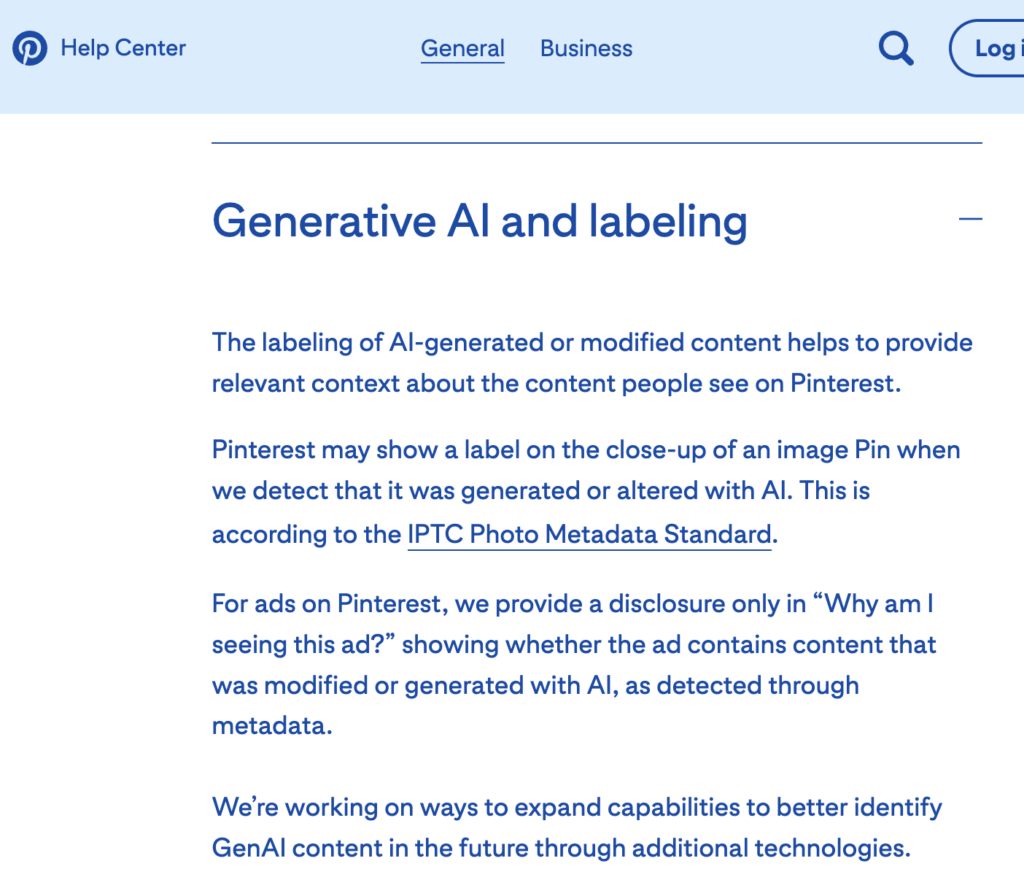 Screenshot of Pinterest's help pages showing how IPTC metadata is used to signal AI-generated content.