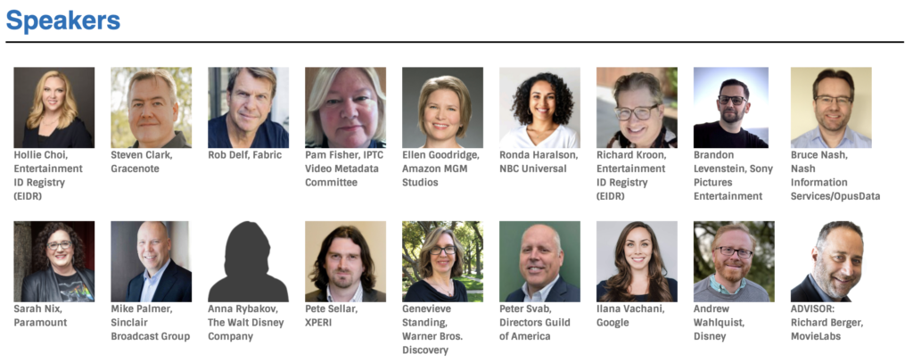 List of speakers at the 2025 EIDR Annual Participant Meeting, including Pam Fisher of the IPTC Video Metadata Working Group.