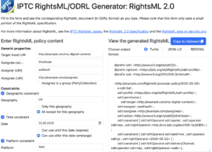 Screenshot of IPTC RightsML generator tool