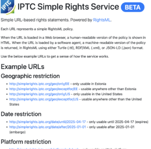 Screenshot of IPTC's simplerights.iptc.org