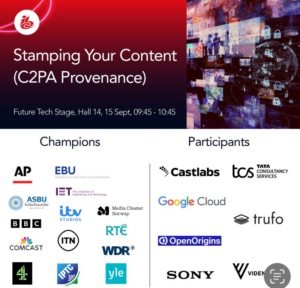 "Stamping Your Content (C2PA Provenance)" IBC Accelerator project social banner