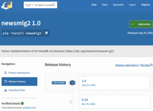 The page on PyPI, Python's module repository, for the IPTC NewsML-G2 library.
