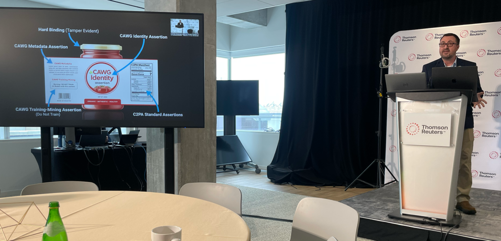 Tim Murphy of Pixelstream presents an introduction to CAWG Identity Assertions, showing a soup can label. If C2PA is the "nutrition label", CAWG Identity provides the brand on the front of the can and CAWG Metadata provides additional information that the maker of the soup wants to convey.
