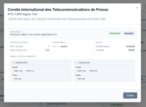 The entry on the C2PA Conformance Explorer tool showing IPTC's entry in the conformance list.