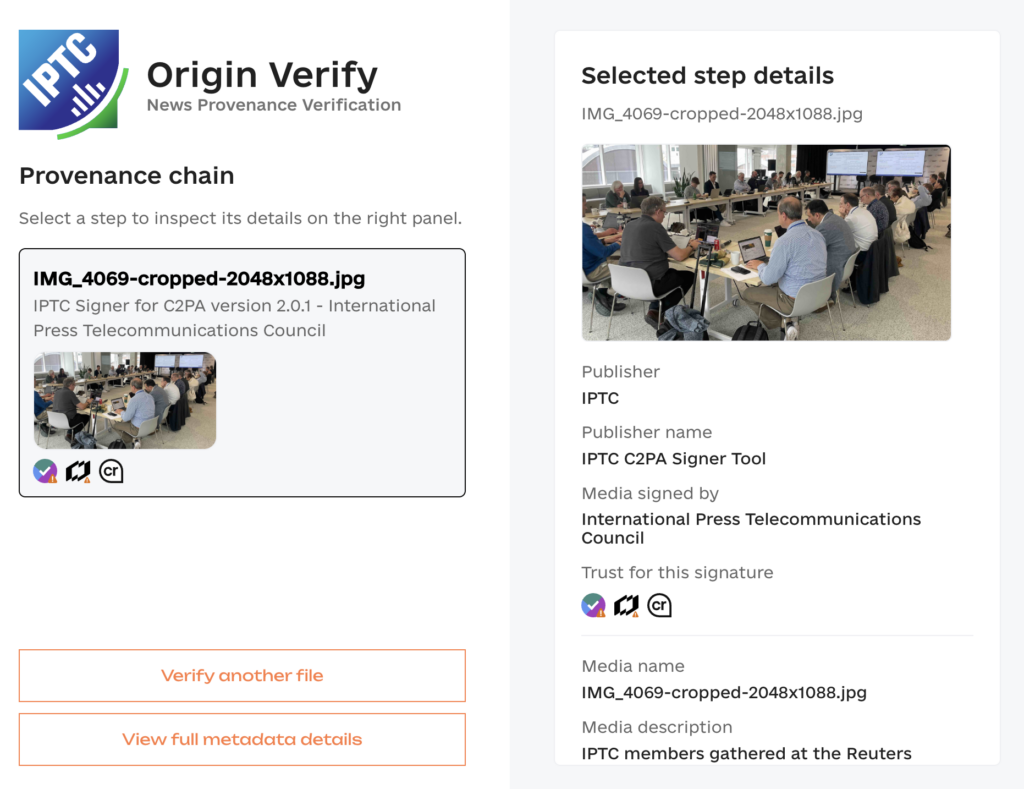 Viewing the signed media from this news post in IPTC's "Origin Verify" C2PA validator tool.