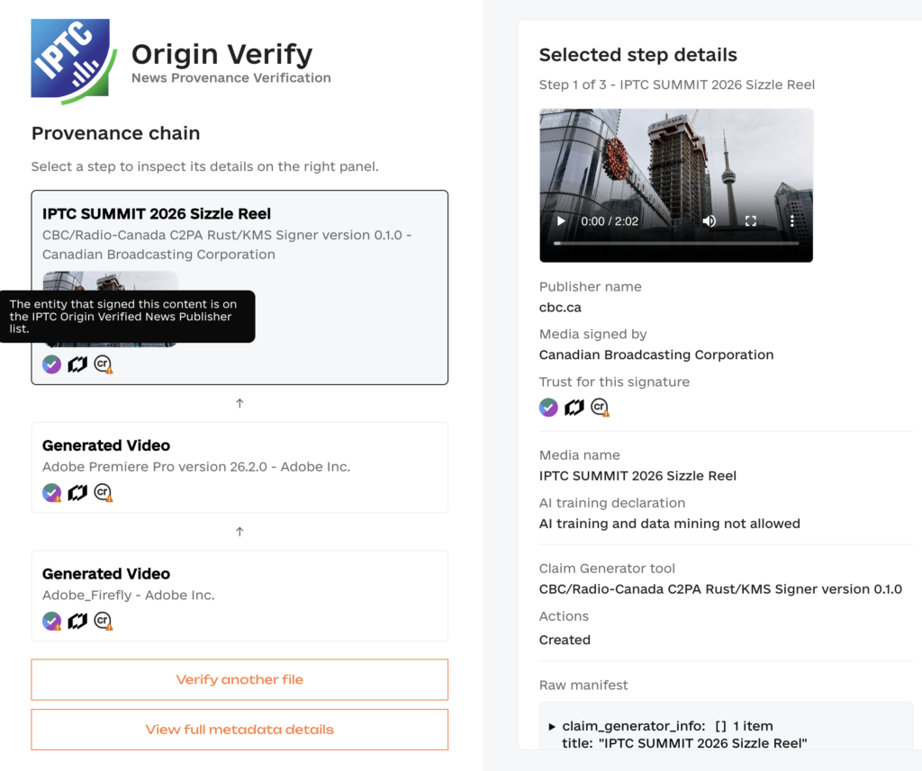 Screenshot of IPTC's Origin Verify C2PA validator showing the full provenance chain of the Media Provenance Summit mp4 video file.