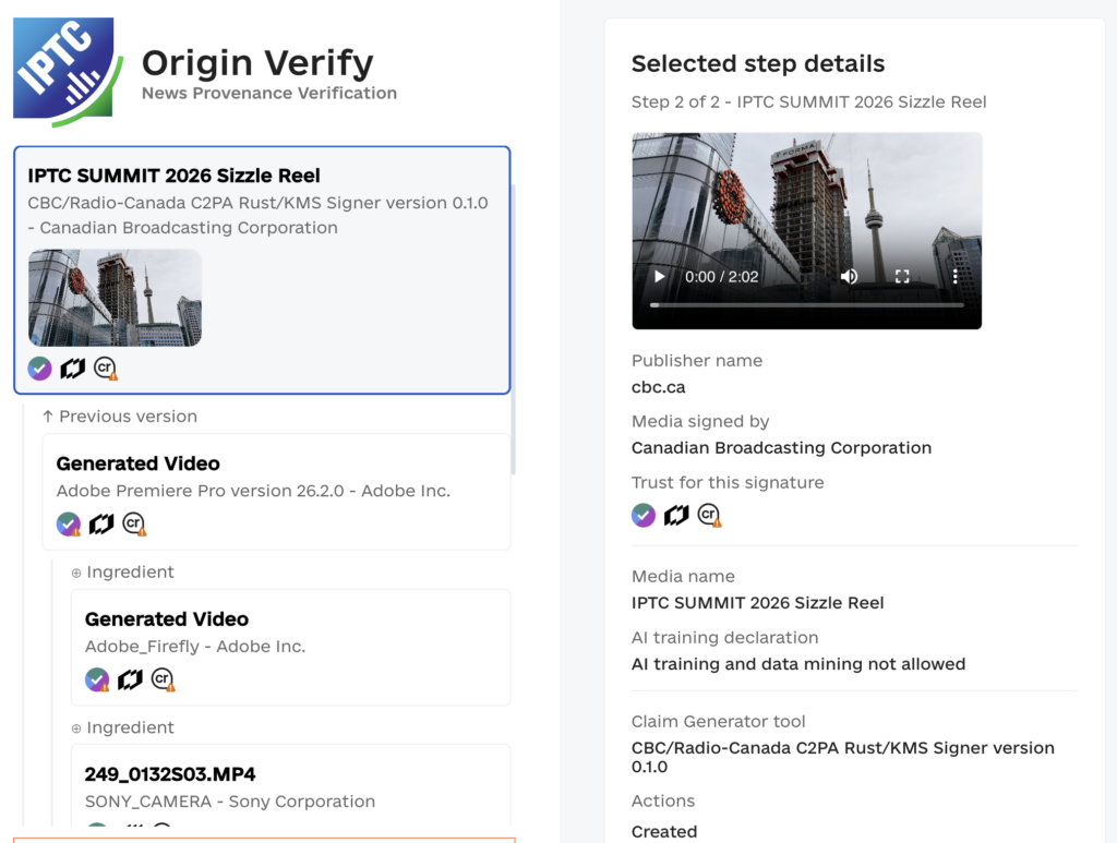 Screenshot of IPTC's Origin Verify C2PA validator showing the full provenance chain of the Media Provenance Summit mp4 video file.
