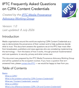 Screenshot of the first page of the newly-released IPTC Frequently Asked Questions on C2PA Content Credentials