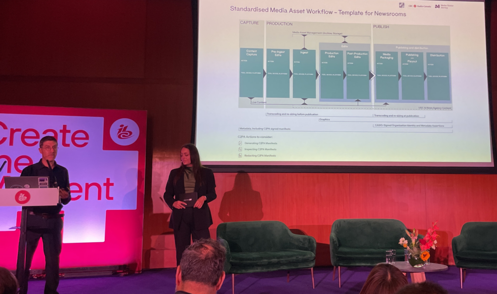 Marcos Armstrong (CBC/Radio-Canada) and Marianne Fjellhaug (Media Cluster Norway) presenting their technical paper, 'A standardised framework for C2PA provenance in media workflows' AT IBC 2026