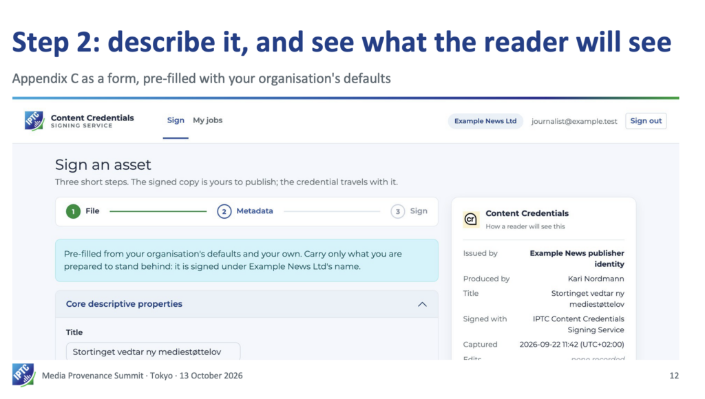 IPTC's Content Credentials Signing Service, a tool to help newsrooms test C2PA quickly, from the IPTC.